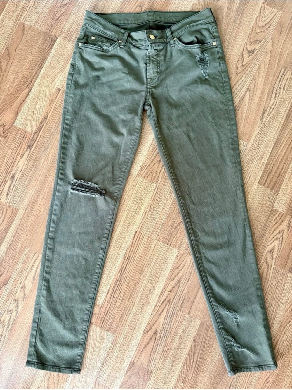 7 For All Mankind Distressed Skinny Jeans - Olive Green (Size 30)